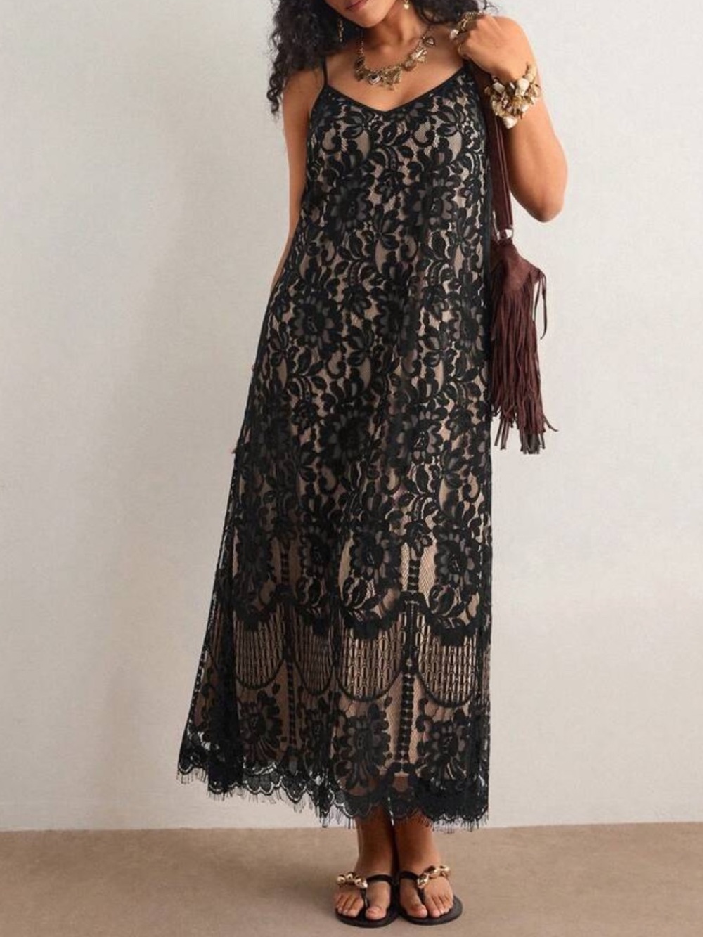 Black Sheer Mesh Lace Overlay Slip Cami Maxi Dress